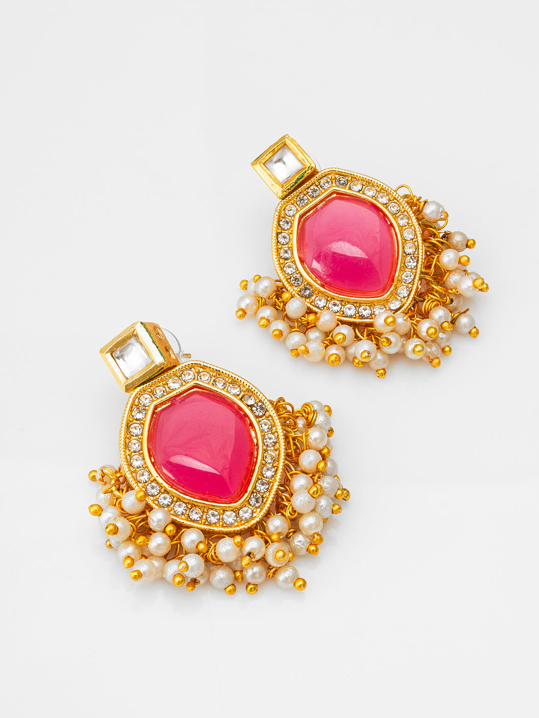 Aadita Wedding Wear Gold-Plated Pink Stone Kundan Drop Earrings with White AD Border and Bead Fringe