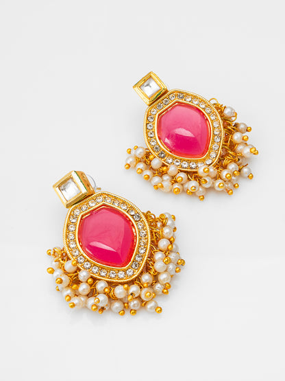 Aadita Wedding Wear Gold-Plated Pink Stone Kundan Drop Earrings with White AD Border and Bead Fringe
