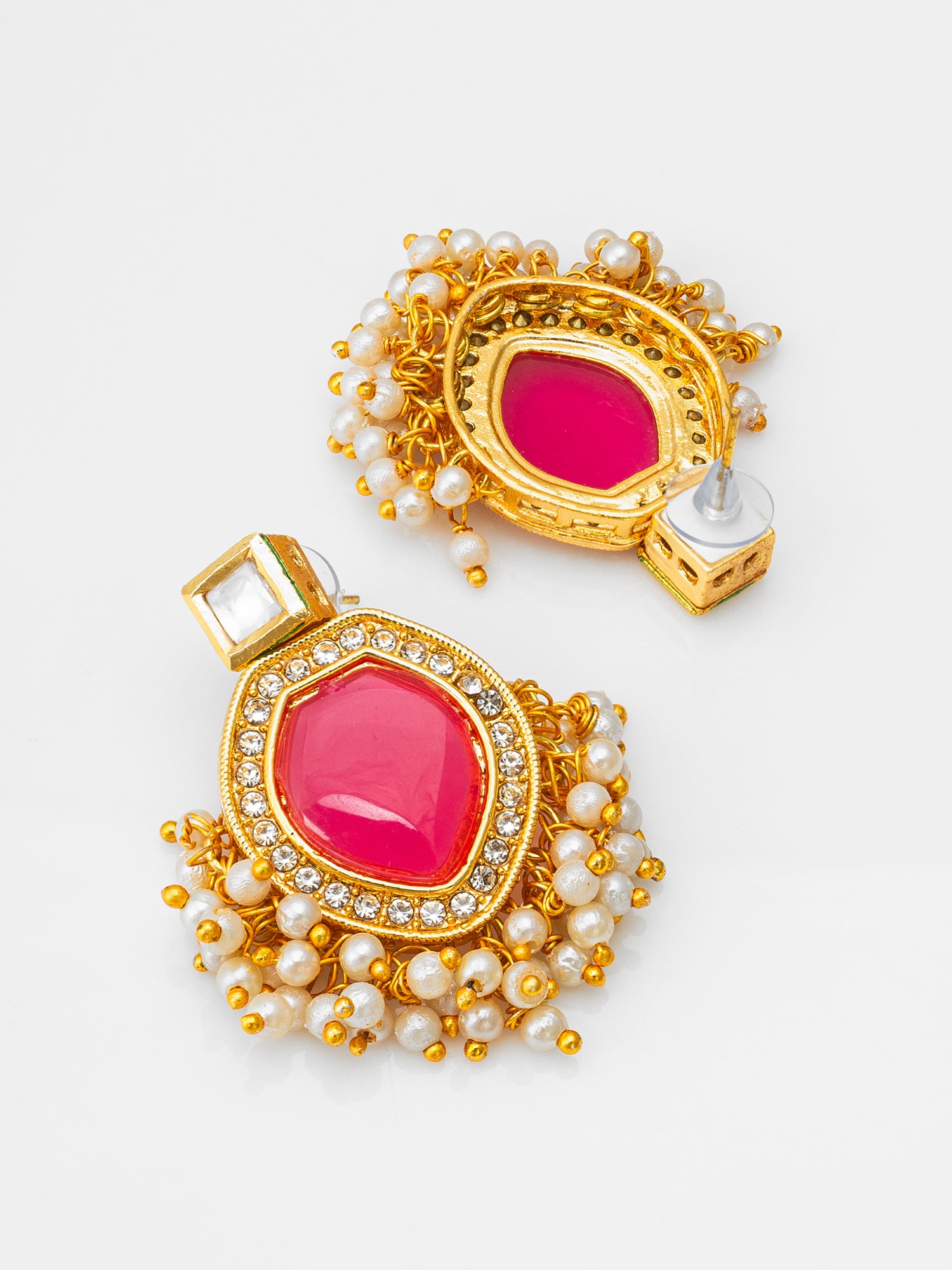 Aadita Wedding Wear Gold-Plated Pink Stone Kundan Drop Earrings with White AD Border and Bead Fringe
