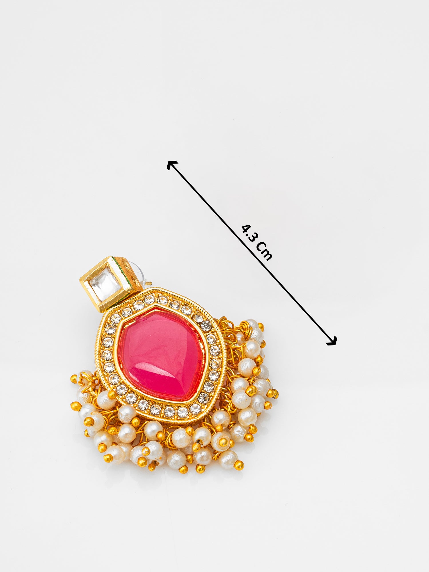 Aadita Wedding Wear Gold-Plated Pink Stone Kundan Drop Earrings with White AD Border and Bead Fringe