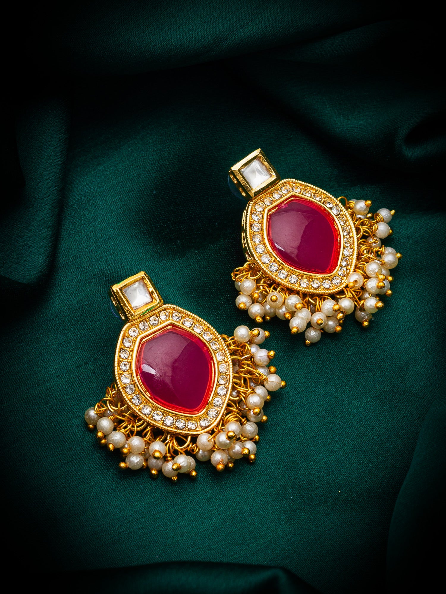 Aadita Wedding Wear Gold-Plated Pink Stone Kundan Drop Earrings with White AD Border and Bead Fringe