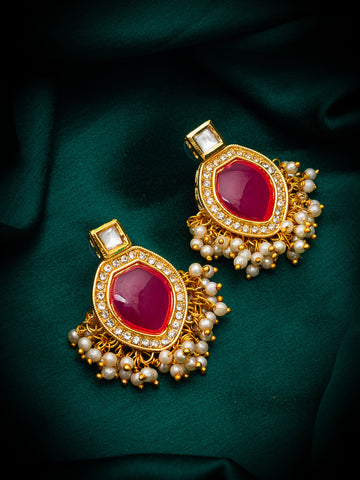 Aadita Wedding Wear Gold-Plated Pink Stone Kundan Drop Earrings with White AD Border and Bead Fringe