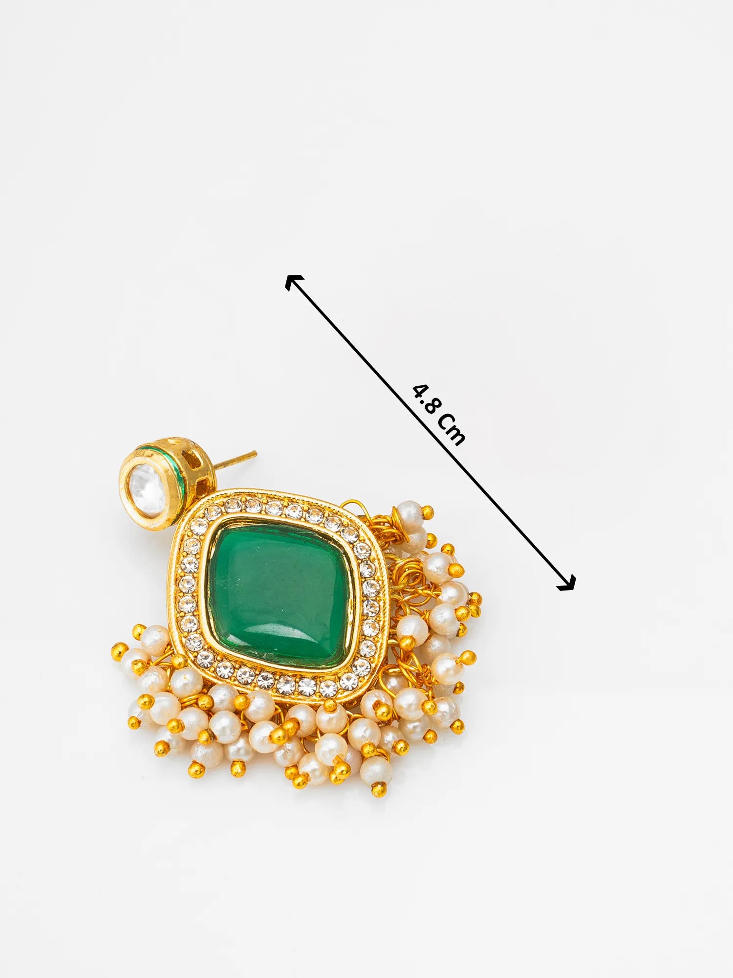 Gold-toned statement earring with a large green square stone, surrounded by clear stones and a cluster of white pearls, shown on a white background with a 4.8 cm size indicator.