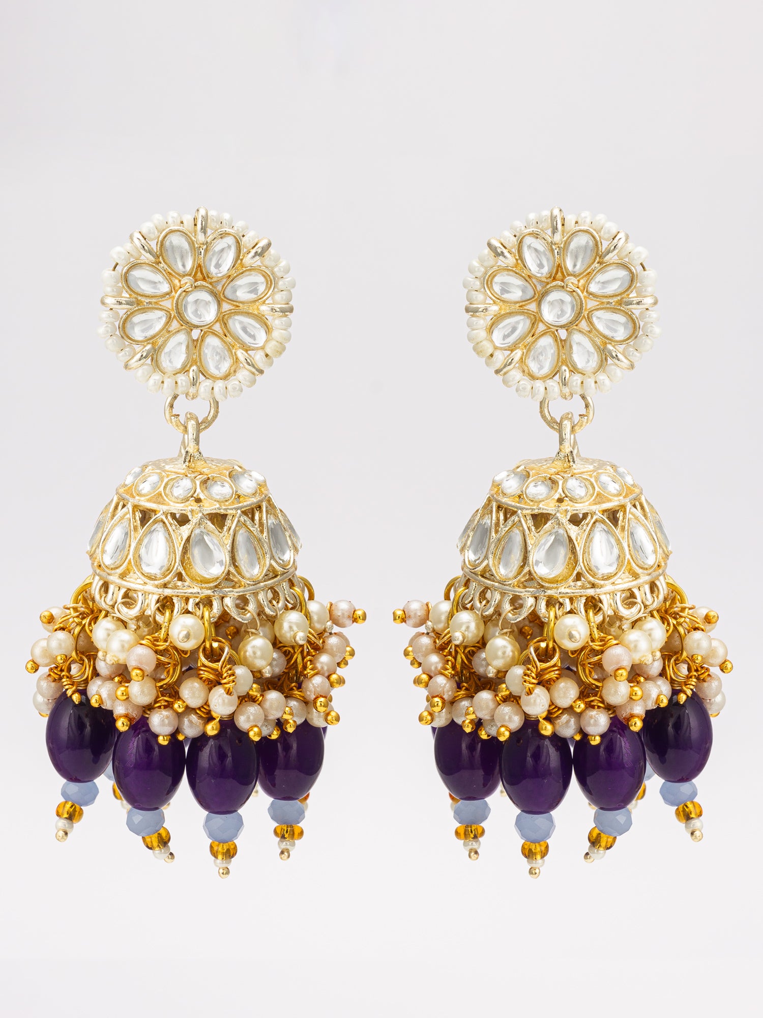 Aadita Wedding Wear Gold-Plated Kundan Jhumka Earrings with Amethyst Beads and Pearl Clusters