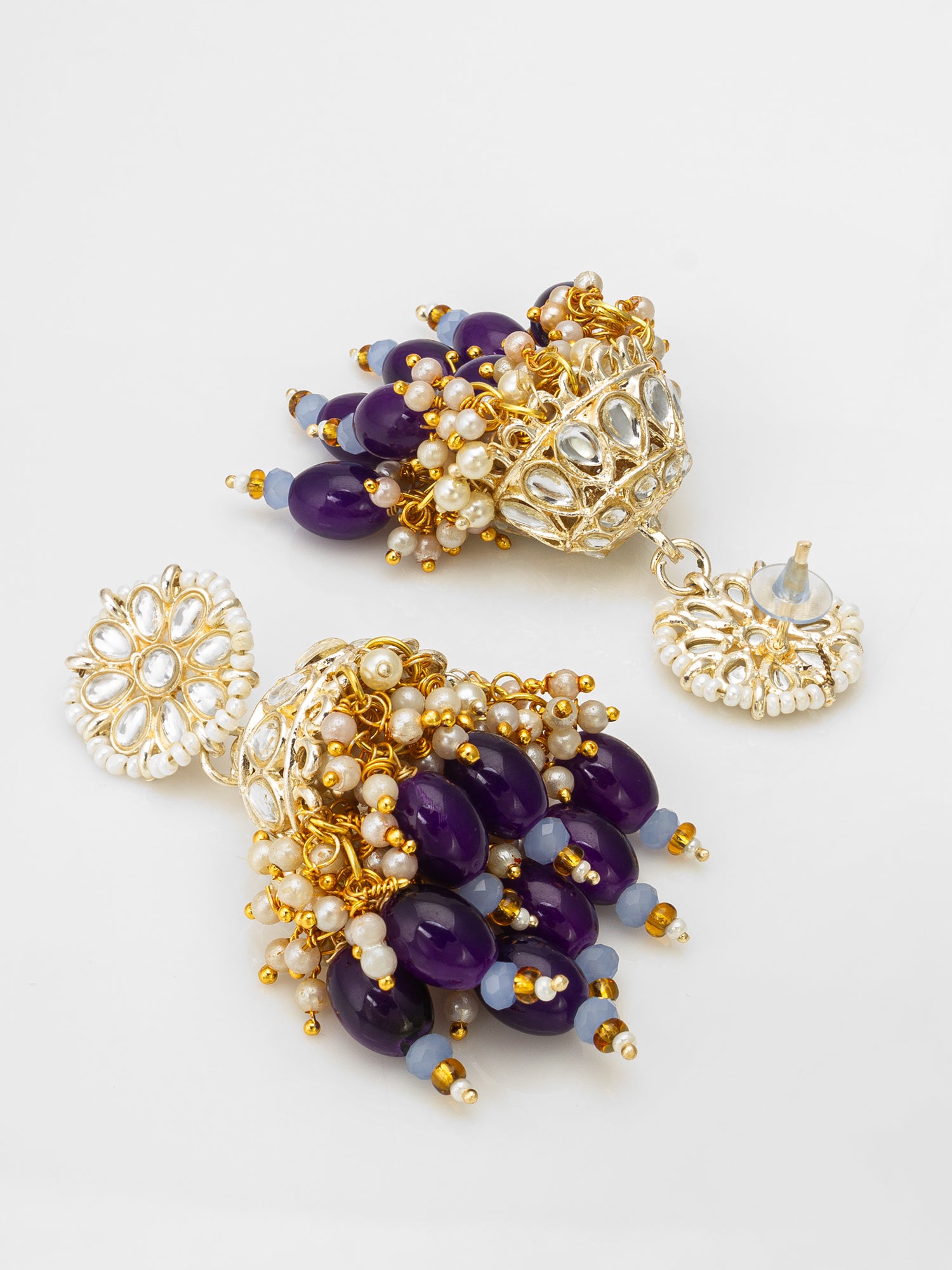 Aadita Wedding Wear Gold-Plated Kundan Jhumka Earrings with Amethyst Beads and Pearl Clusters