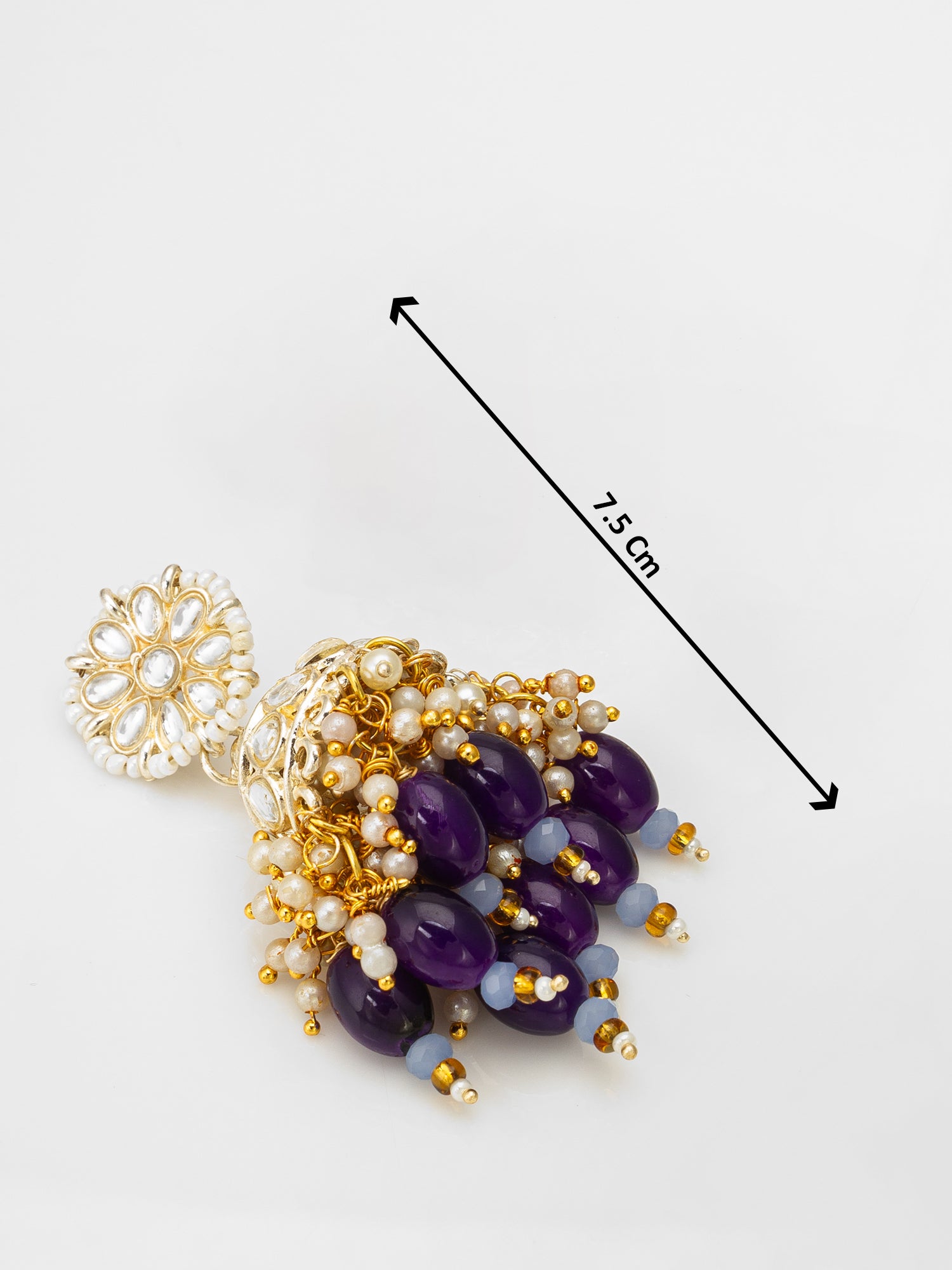 Aadita Wedding Wear Gold-Plated Kundan Jhumka Earrings with Amethyst Beads and Pearl Clusters