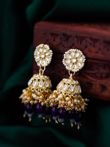 Aadita Wedding Wear Gold-Plated Kundan Jhumka Earrings with Amethyst Beads and Pearl Clusters