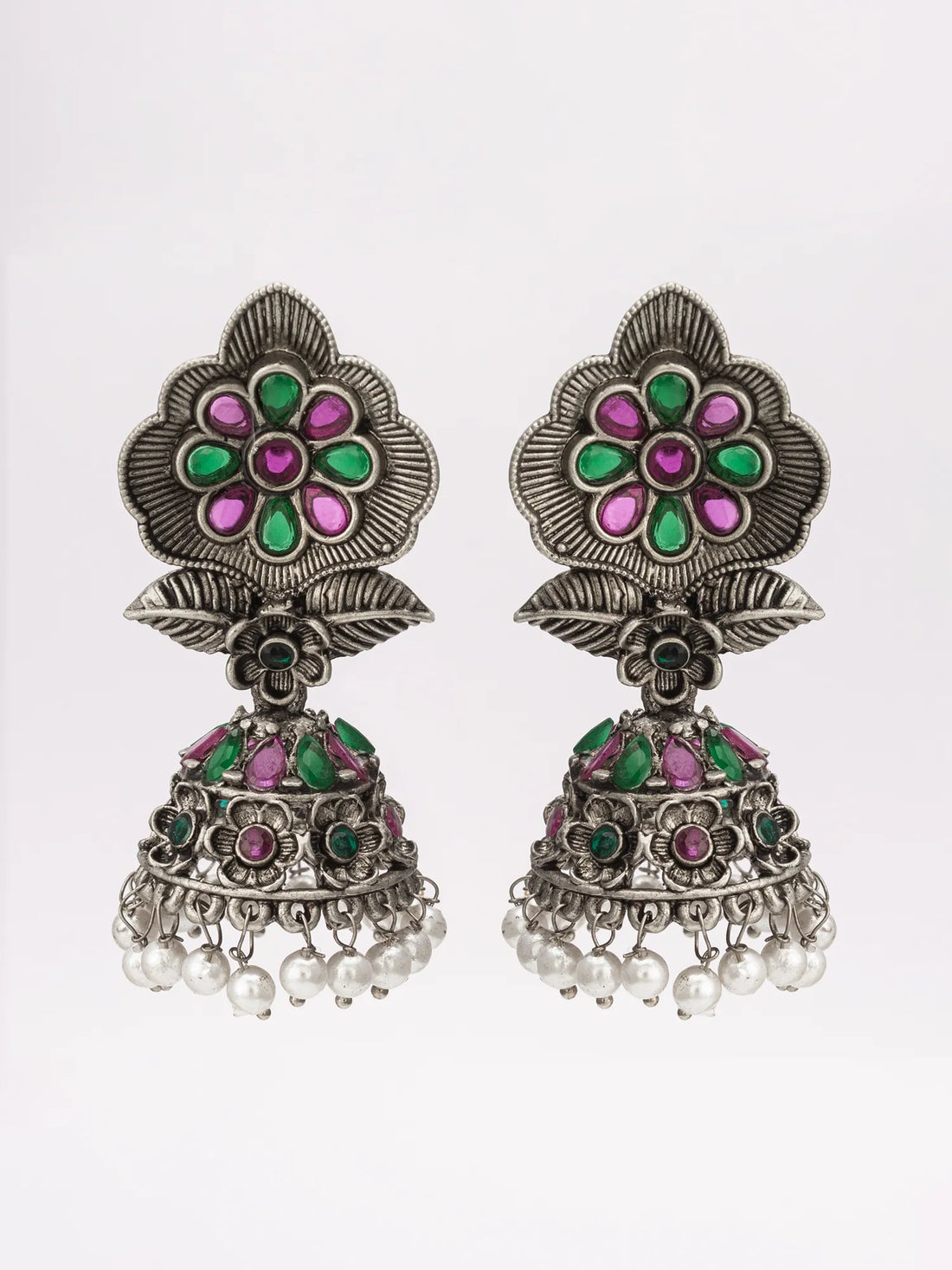 Oxidized Floral Jhumka Earrings