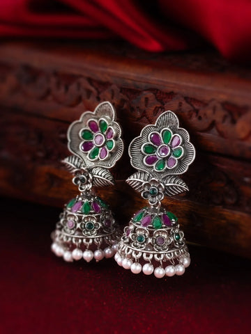 Oxidized Floral Jhumka Earrings