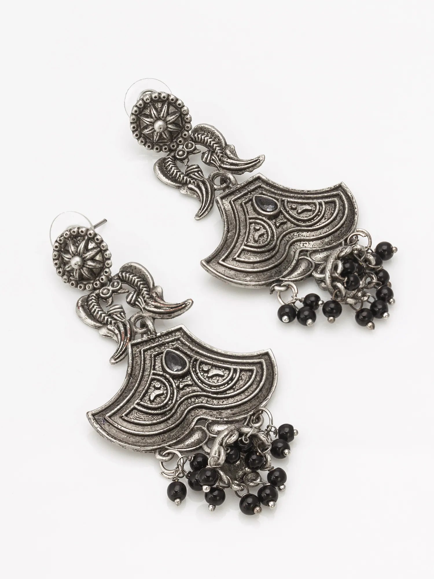 Drop Earrings with Black Bead Tassels On A White Background