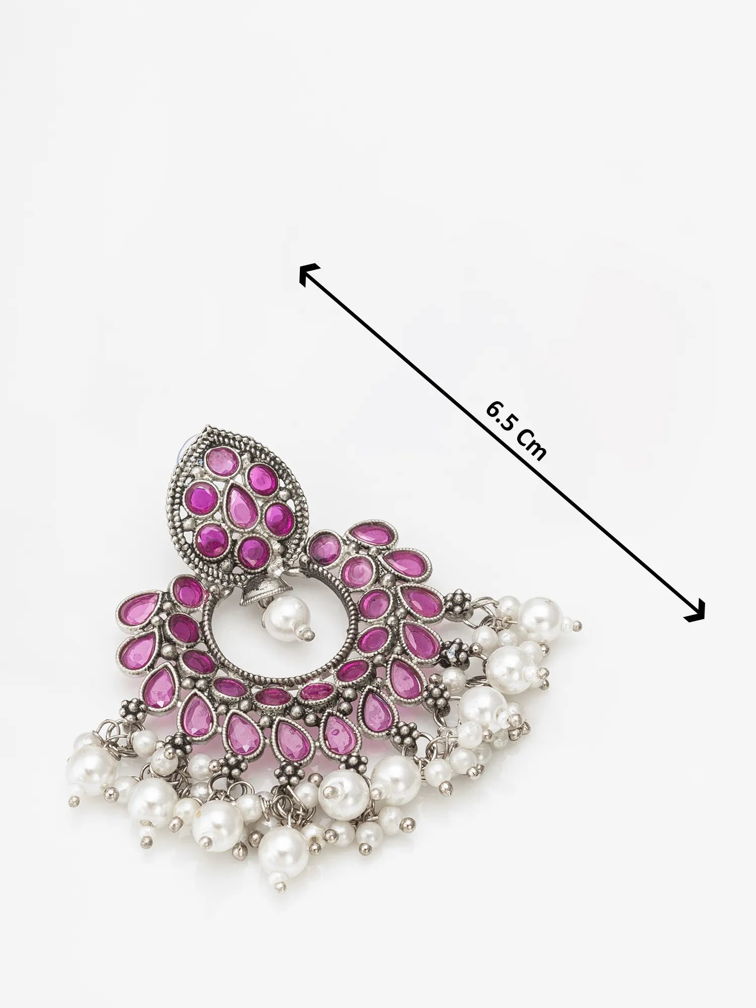 Decorative earring with pink gemstones and white pearls, shown with a measurement line on a white background.