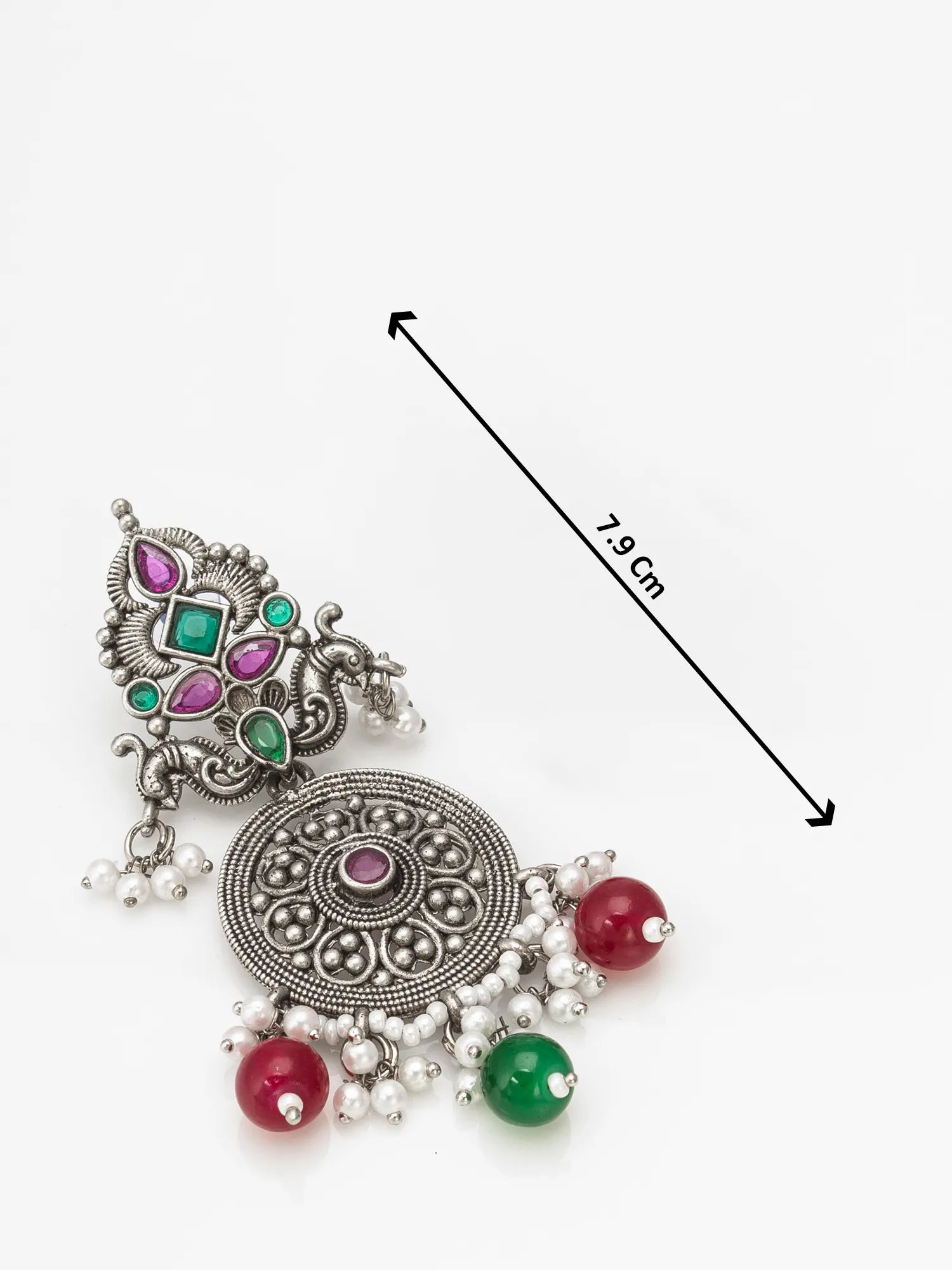 Peacock Oxidized Chandelier Earrings  on a White Background with size
