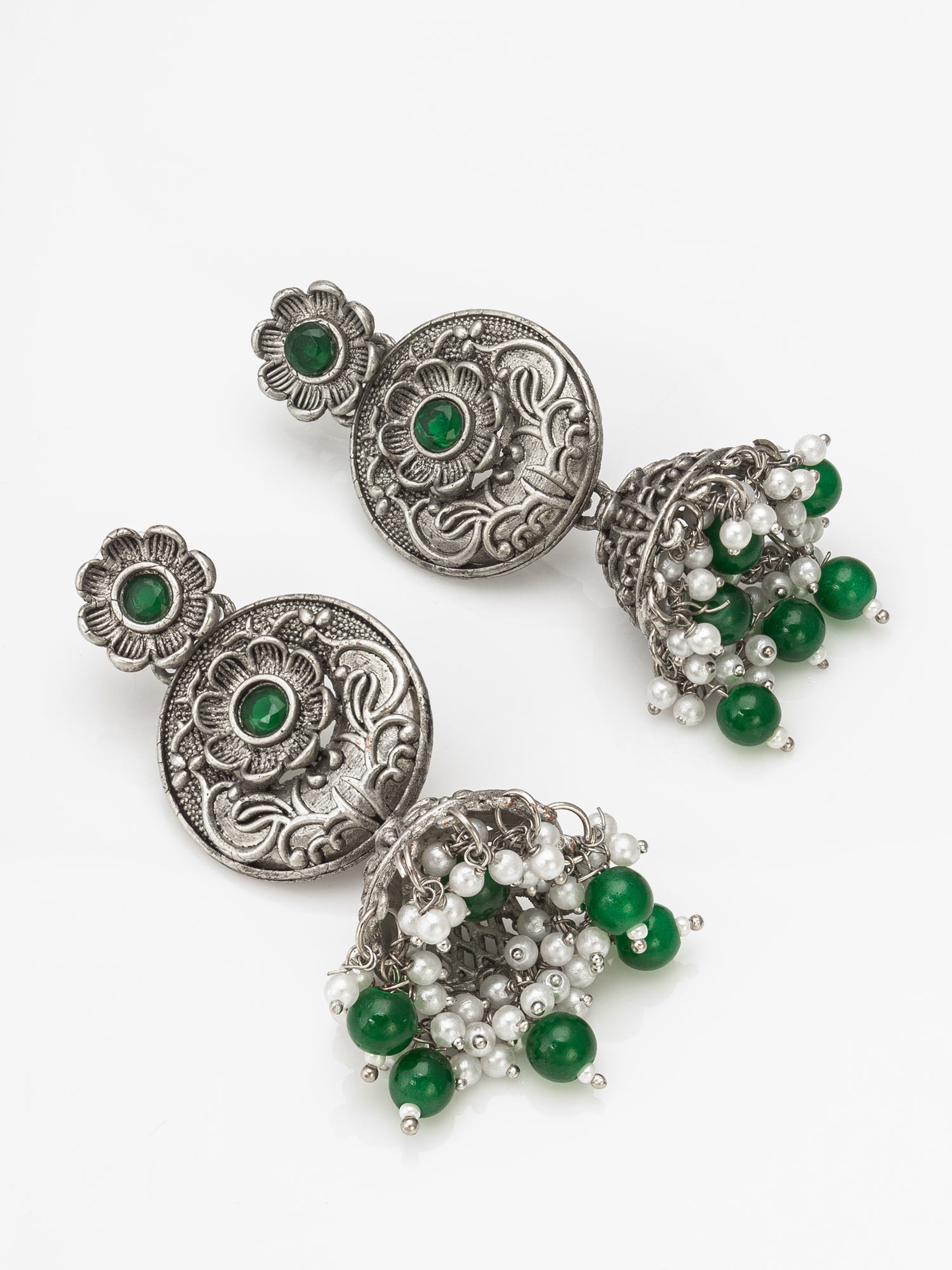 Aadita Navratri Special Oxidized Green Beaded Traditional Jhumka Earrings