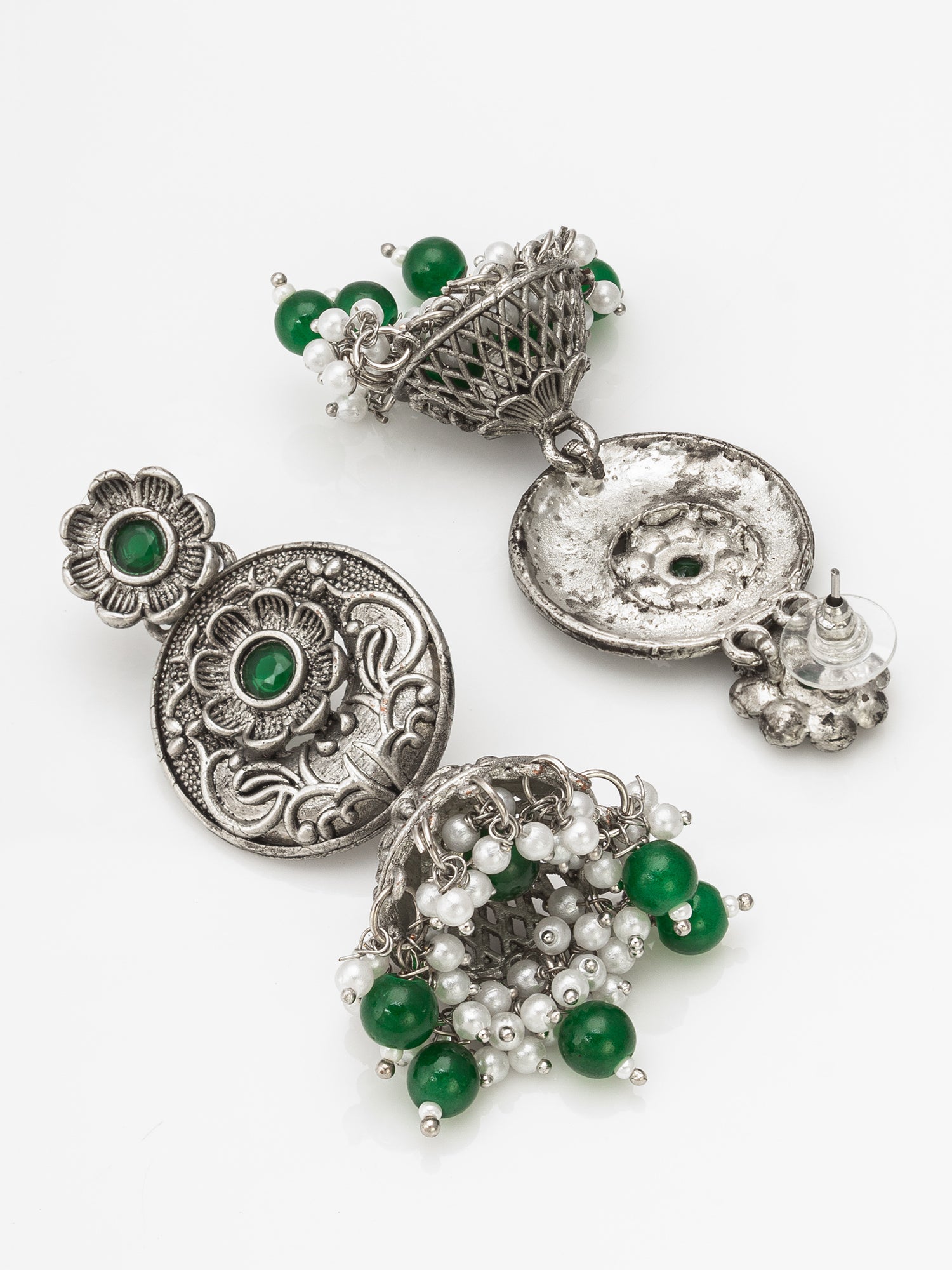 Aadita Navratri Special Oxidized Green Beaded Traditional Jhumka Earrings