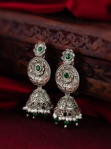 Aadita Navratri Special Oxidized Green Beaded Traditional Jhumka Earrings