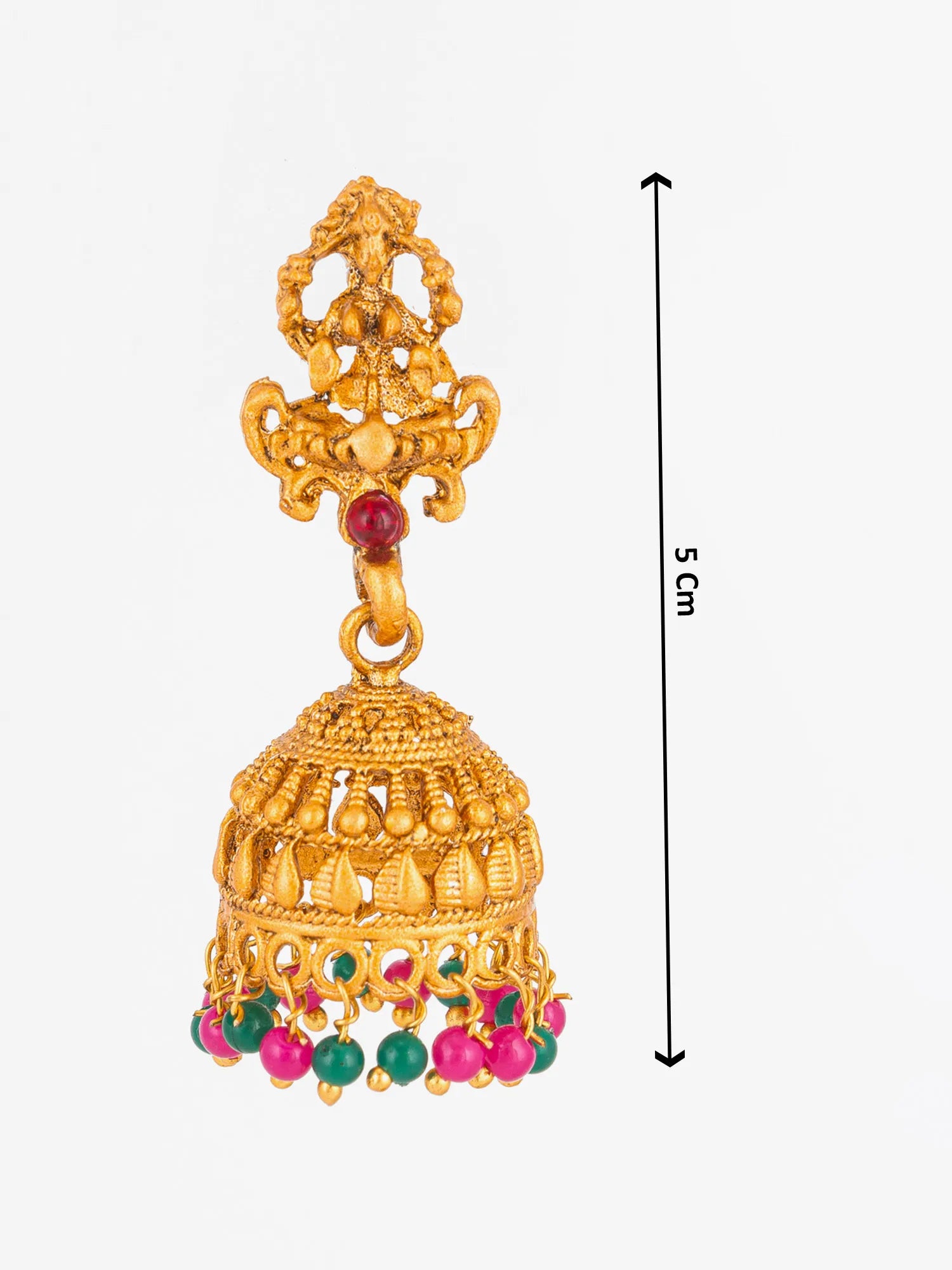A gold-toned traditional Indian jhumka earring with a filigree Ganesh head design, a red gemstone accent, and dangling multicolor beads, shown with a 5 cm height measurement marker on a light gray background.