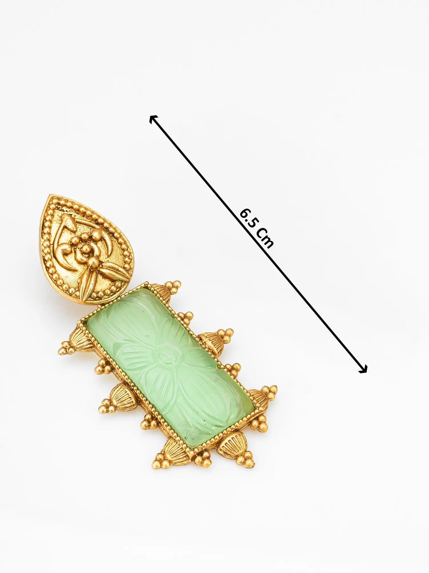 Gold-toned traditional pendant with a rectangular light green stone, shown on a white background with a black dimension arrow and text indicating 6.5 cm length.