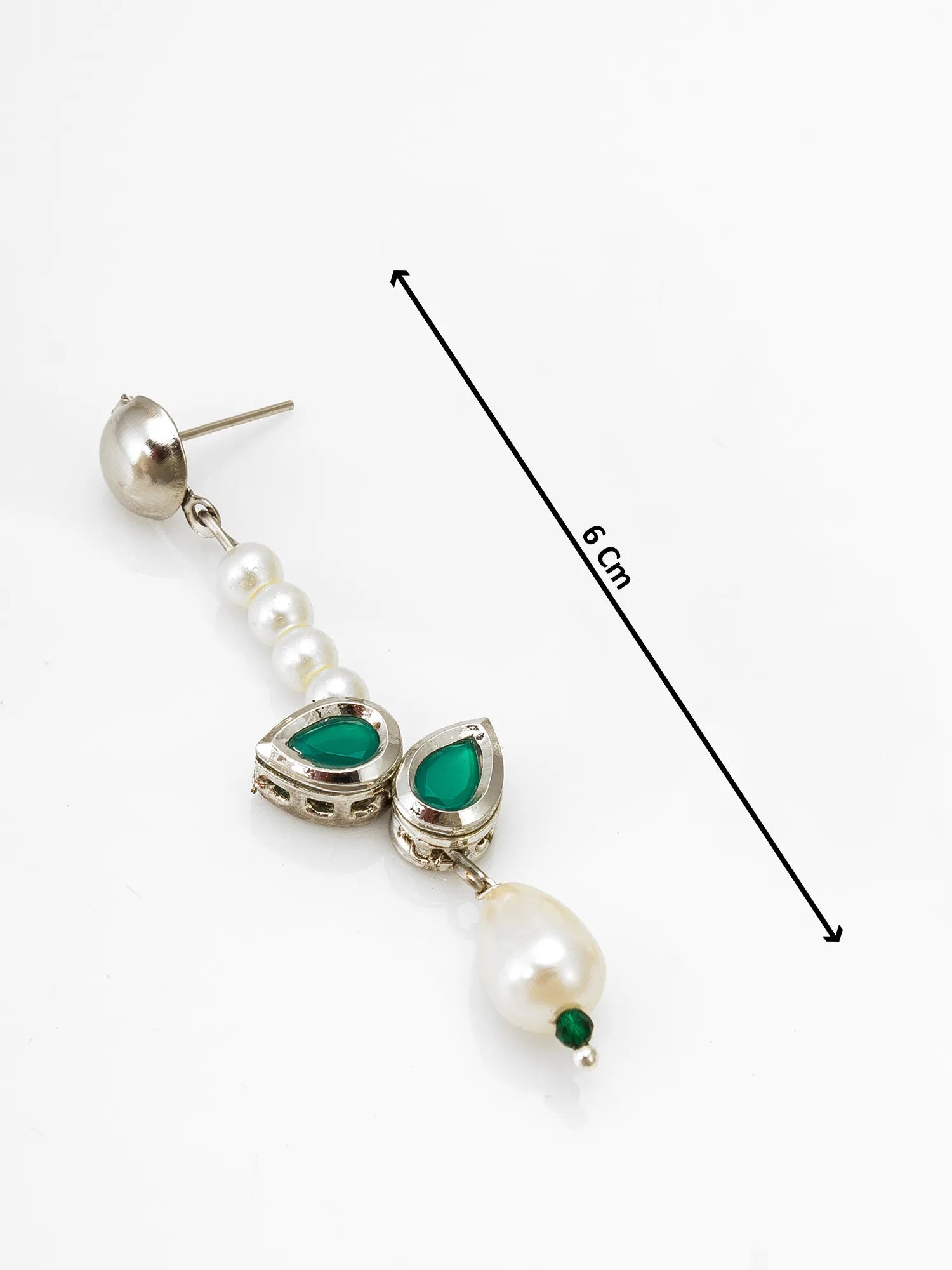 A pair of silver drop earrings with white pearls, green teardrop-shaped stones, and a dangling pearl bead, shown on a white background with a 6cm size indicator.