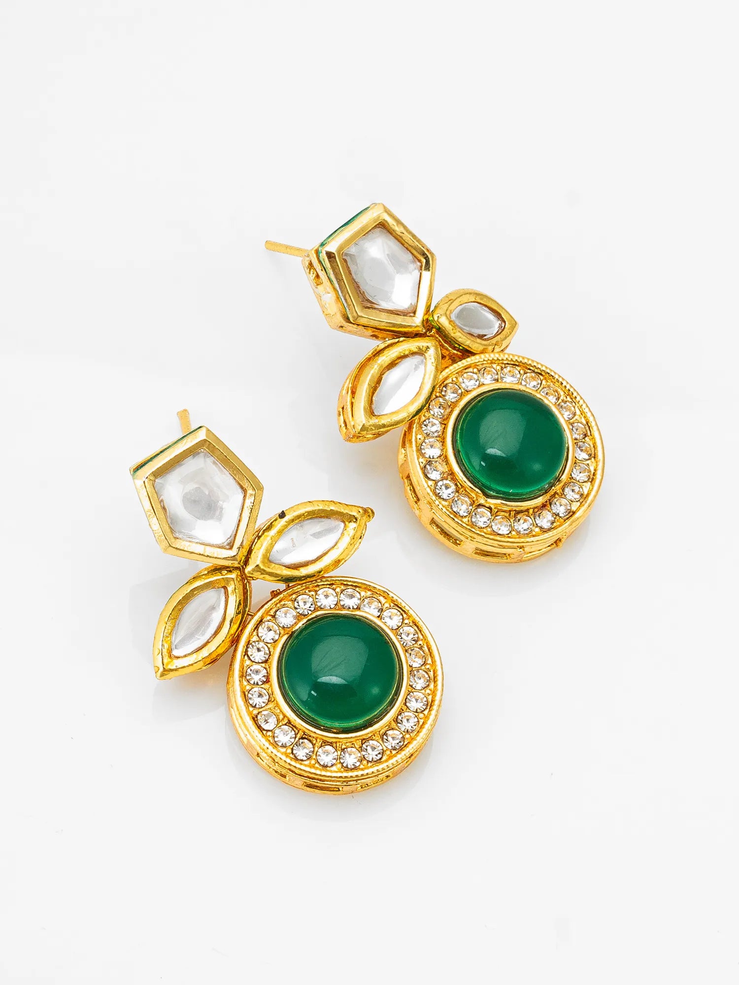 A pair of gold-plated drop earrings featuring oval green stones surrounded by small clear crystals, with leaf-shaped clear crystal accents above, shown on a plain white background.