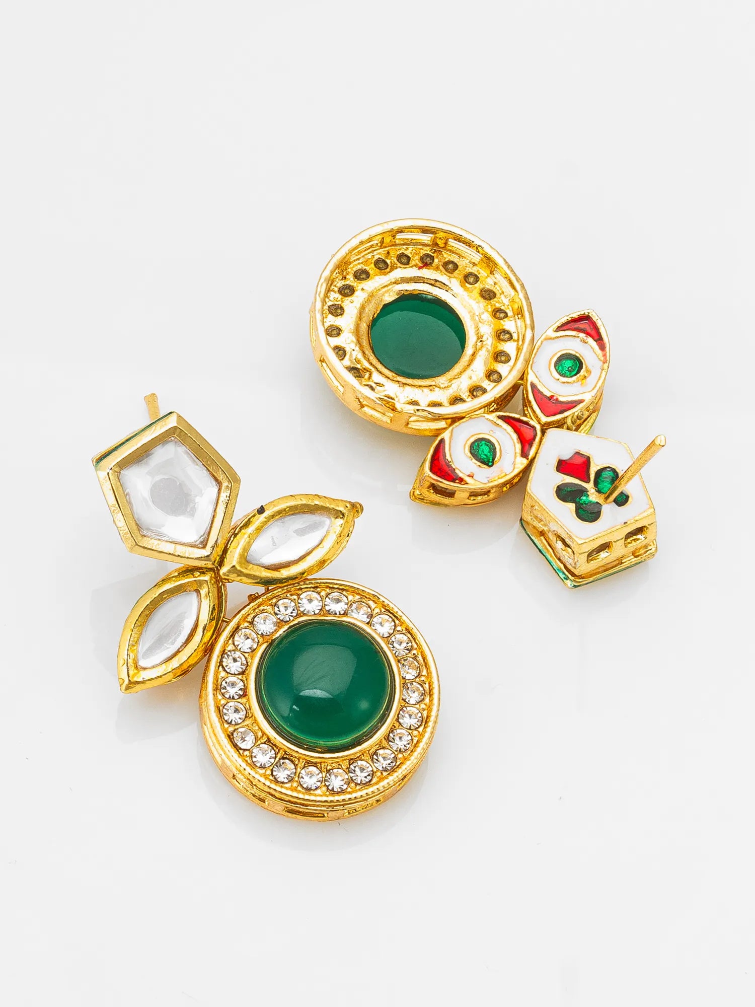 A set of gold-plated earrings with green stone and enamel details, displayed on a clean white background.