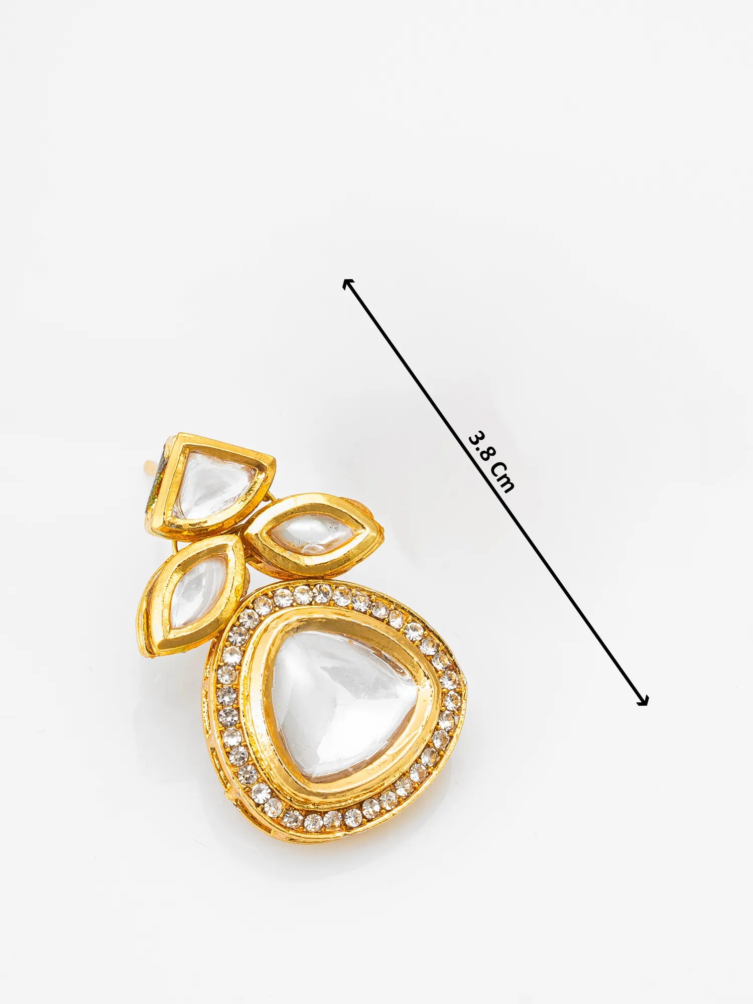 Gold and clear teardrop-shaped earring with measurement label on a white background