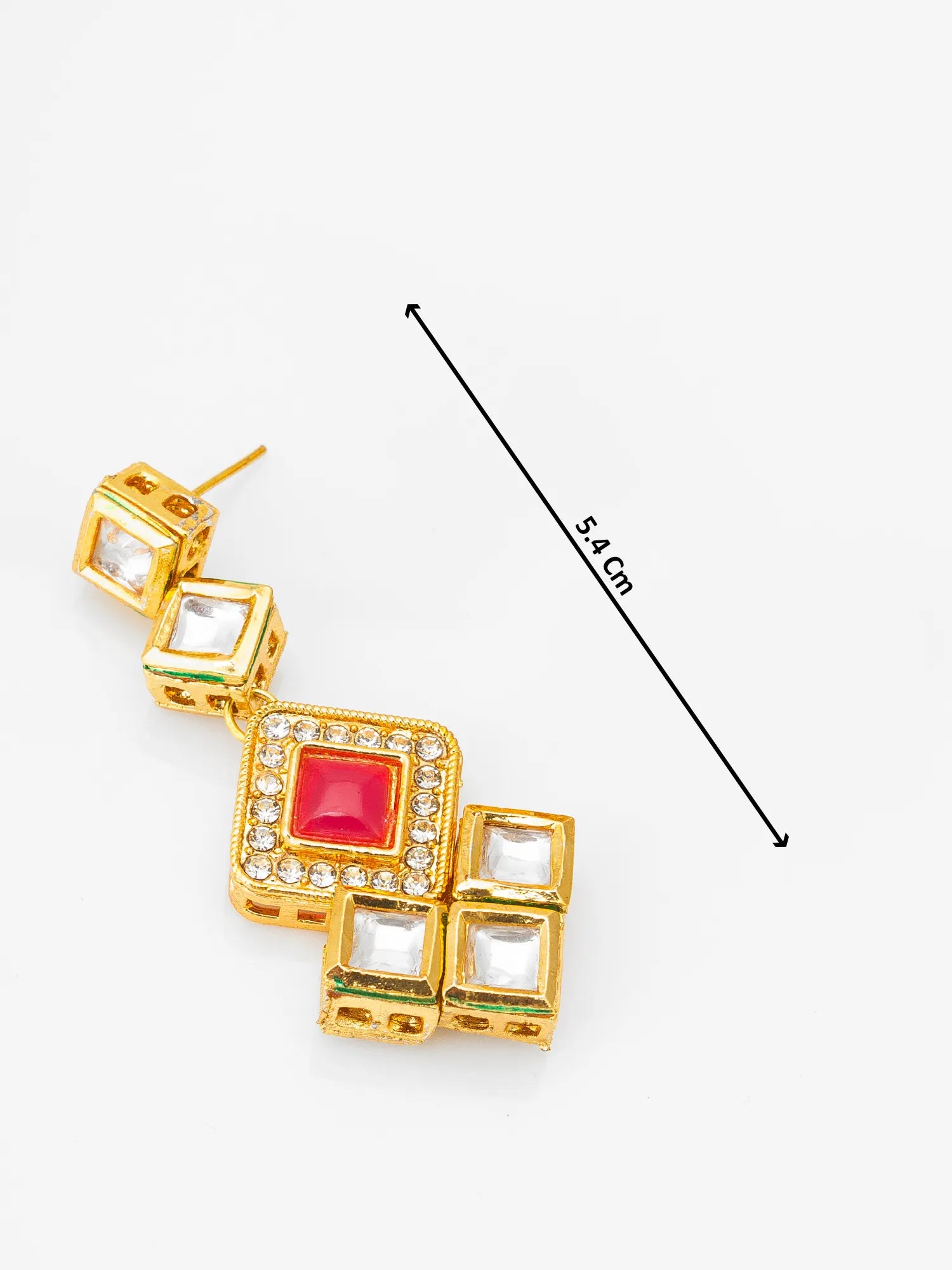 Gold earrings with a red gemstone and measurement line on a white background