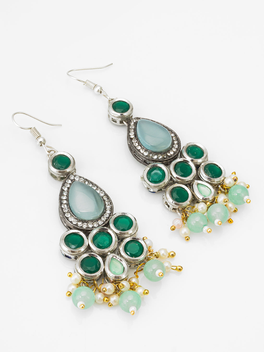 Aadita Party Wear Silver-Toned Green Stone Drop Earrings with Mint Bead and Pearl Tassel Drops