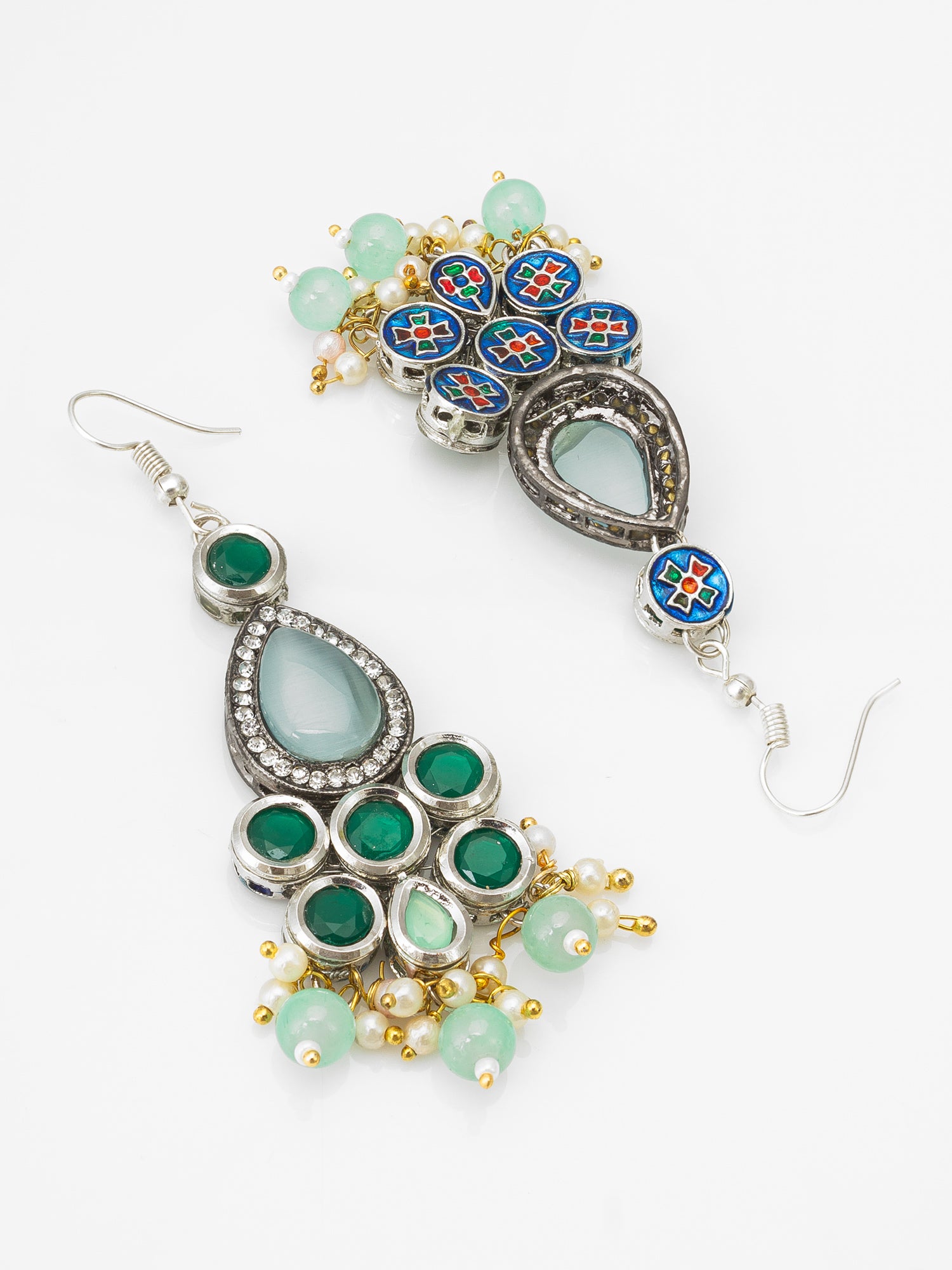 Aadita Party Wear Silver-Toned Green Stone Drop Earrings with Mint Bead and Pearl Tassel Drops