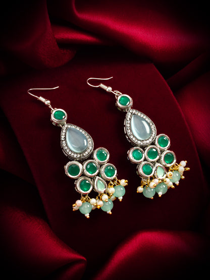 Aadita Party Wear Silver-Toned Green Stone Drop Earrings with Mint Bead and Pearl Tassel Drops
