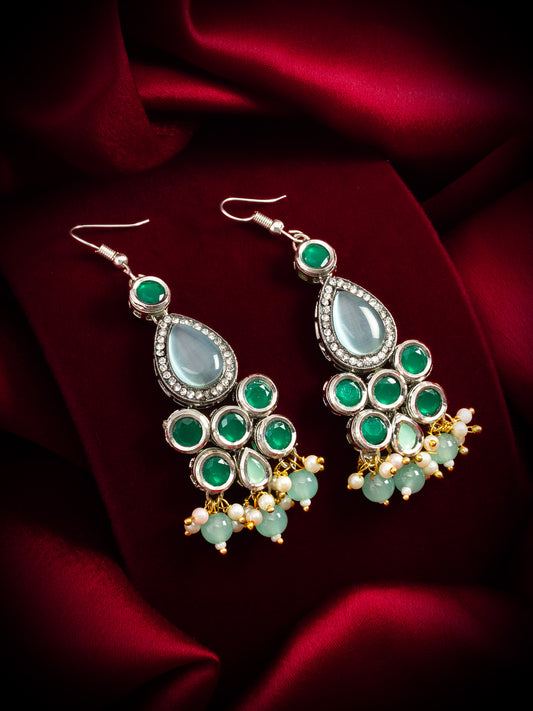 Aadita Party Wear Silver-Toned Green Stone Drop Earrings with Mint Bead and Pearl Tassel Drops