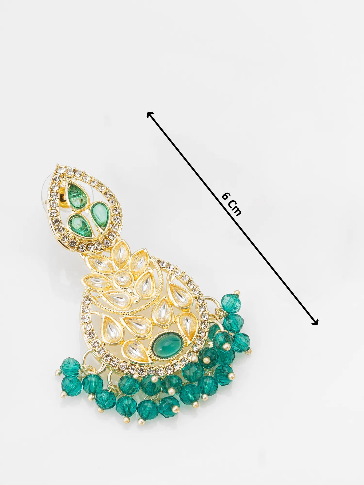 Gold and green beaded pendant with measurement label on a white background