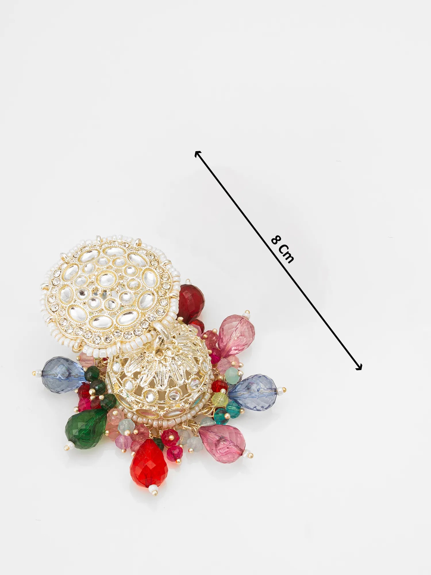 Decorative brooch with colorful gemstones and gold filigree design, shown with a measurement line on a white background.