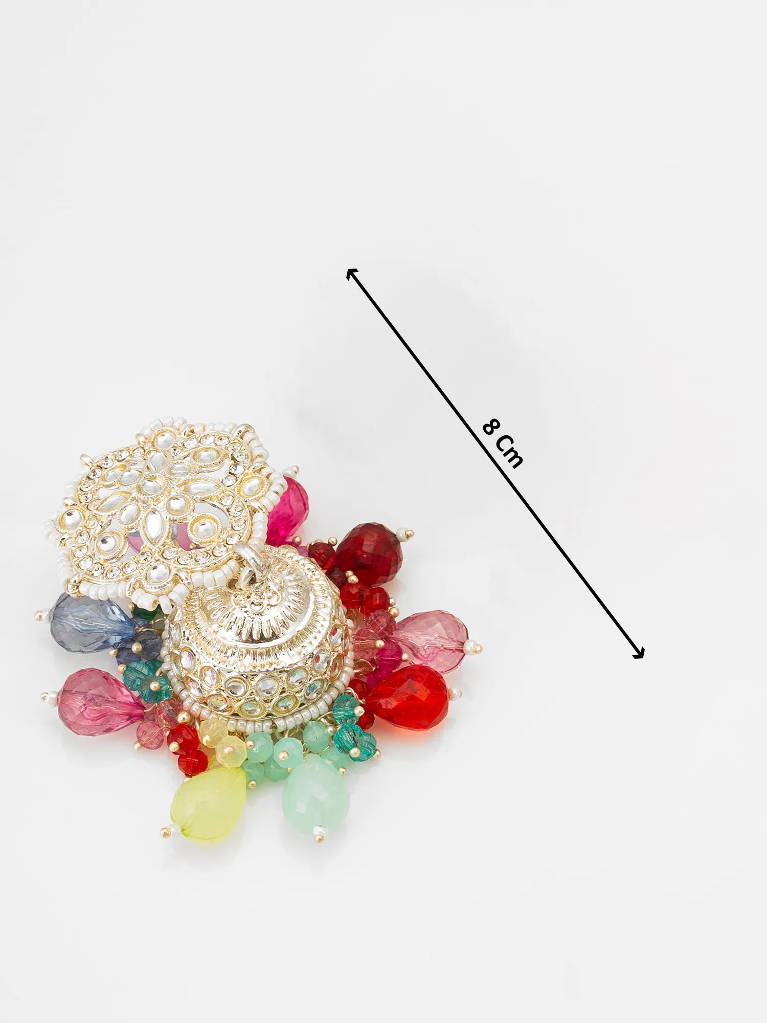 Decorative hairpin with colorful beads and gold elements on a white background