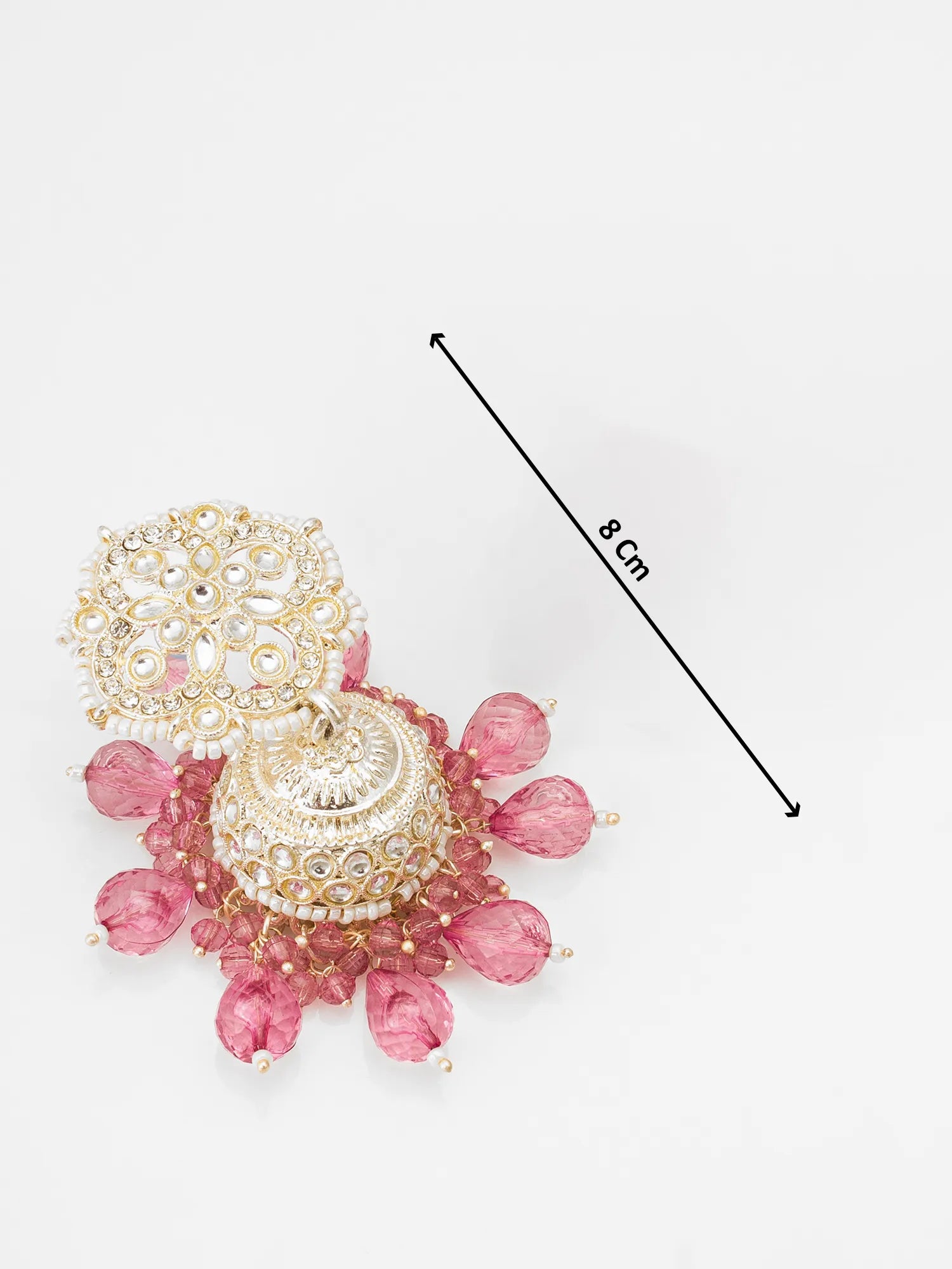 Gold and pink earrings with a measurement label on a white background