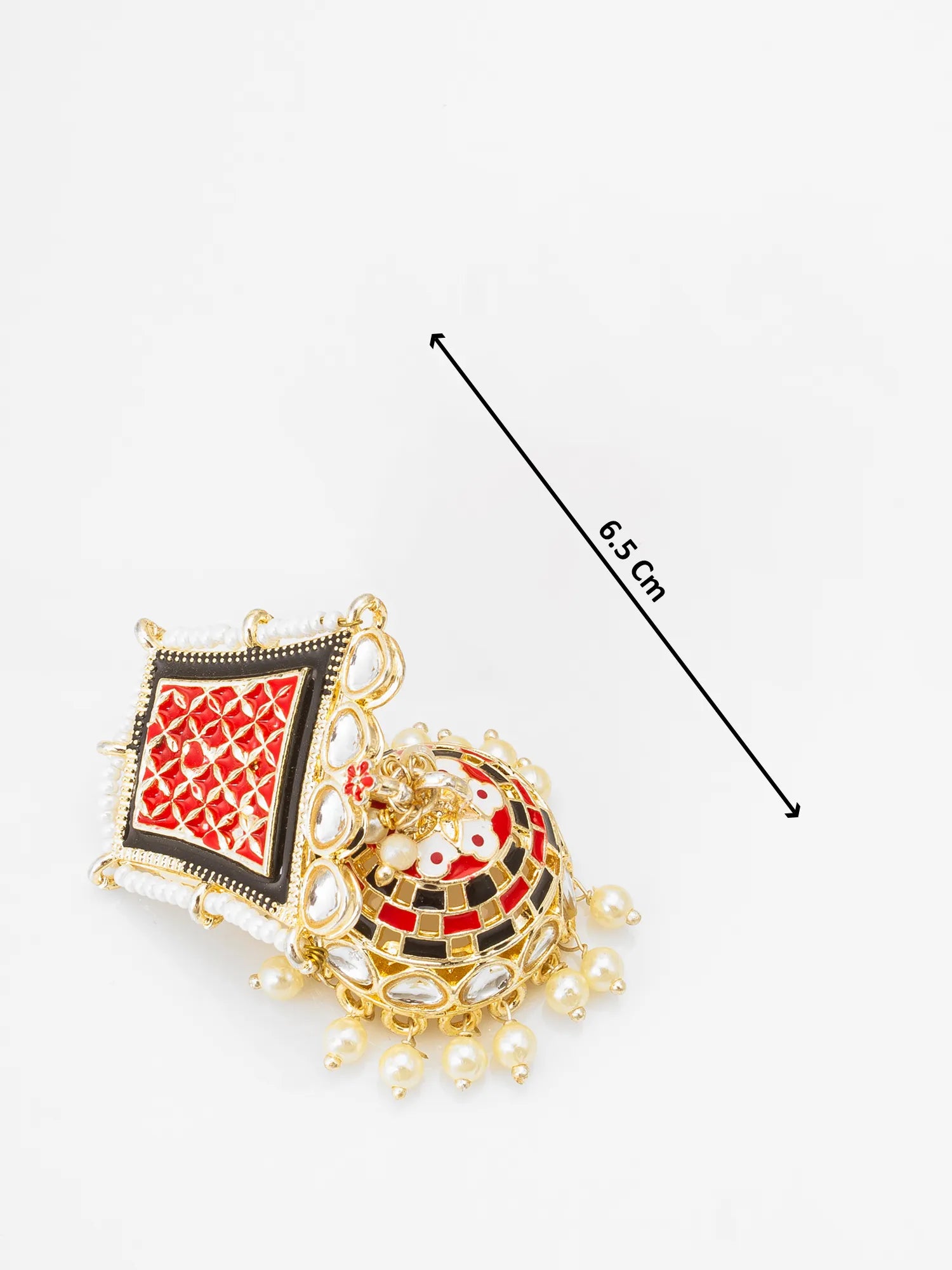 Gold-toned traditional Indian jhumka earrings with red, black, and white enamel detailing, shown on a white background with a black dimension line indicating a height of 6.5 cm.