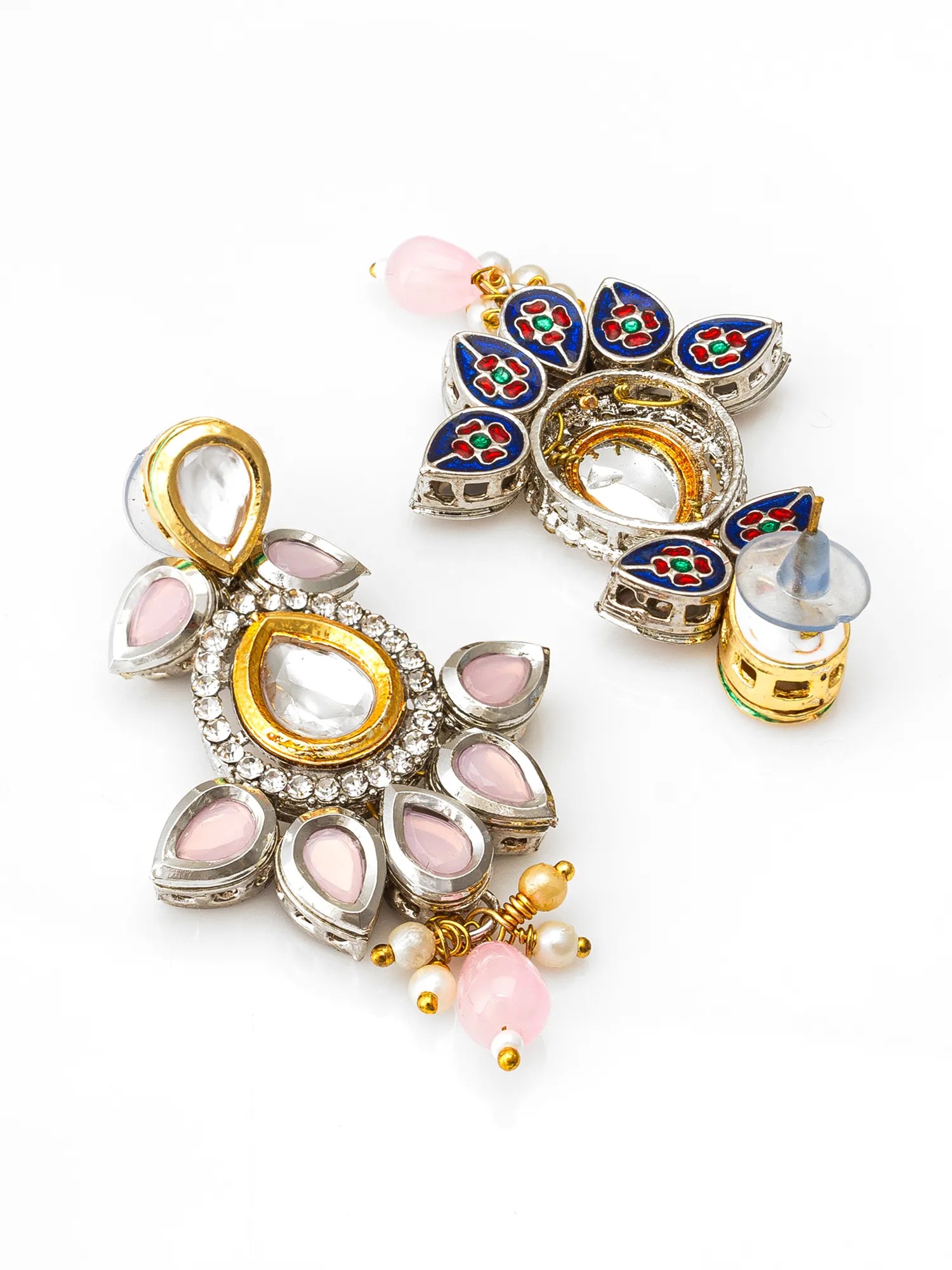 Decorative earrings with gold, pink, and blue elements on a white background