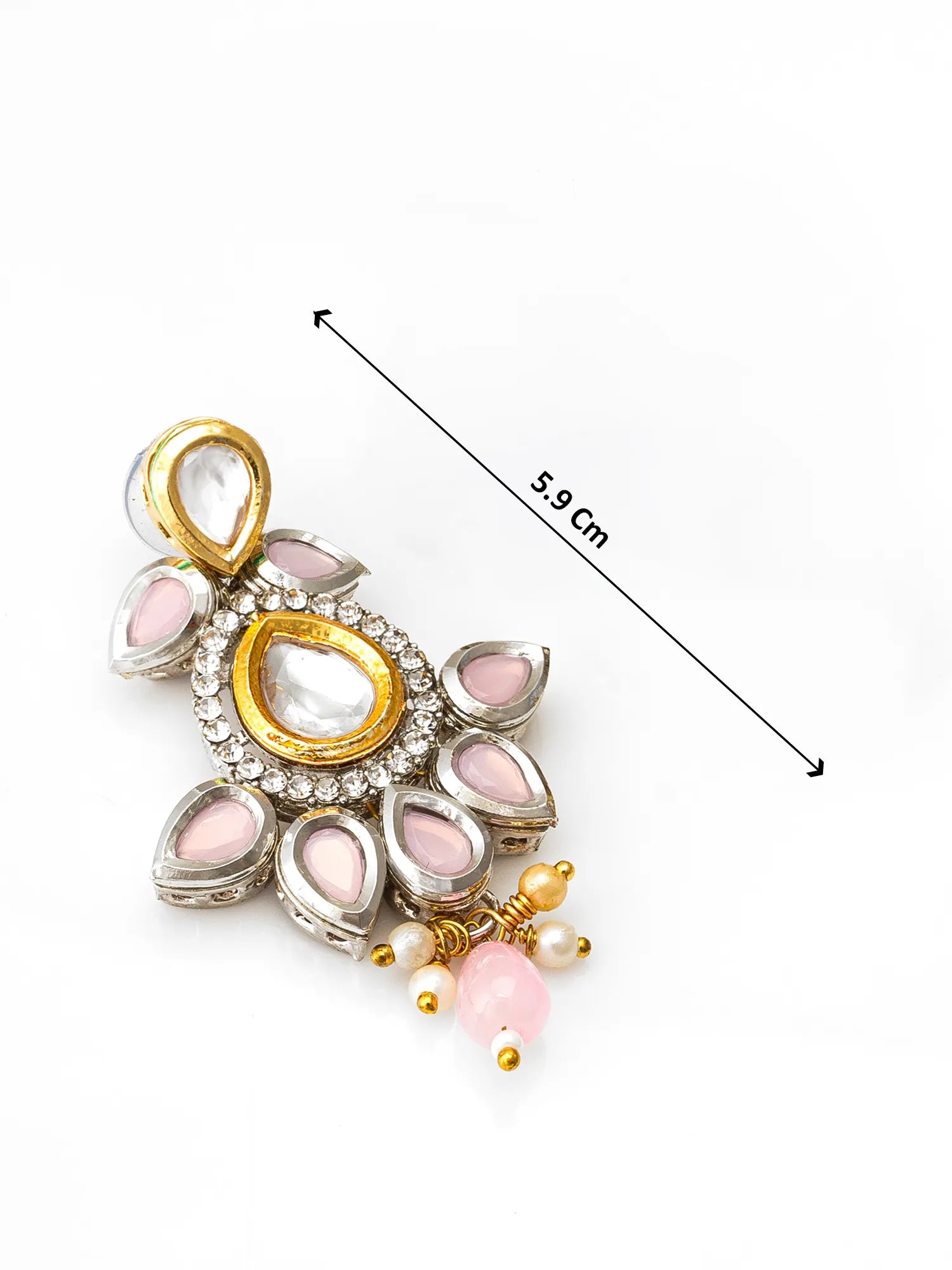 A gold and silver-toned Indian style choker necklace with pink stone accents and pearl drops, shown with a black measurement line indicating a length of 5.9 cm on a white background.