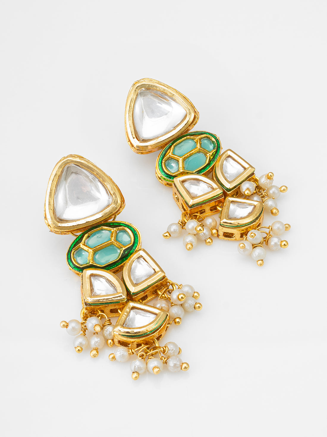Aadita Sea Green Stone Kundan Earrings with Pearl Clusters