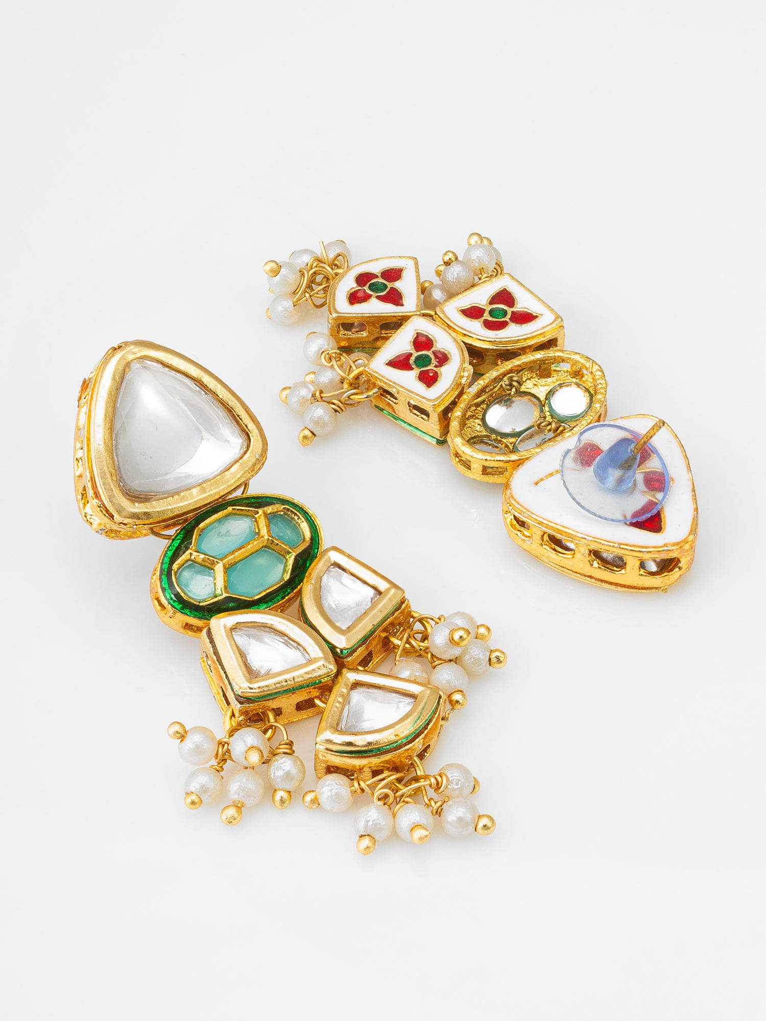 Aadita Sea Green Stone Kundan Earrings with Pearl Clusters