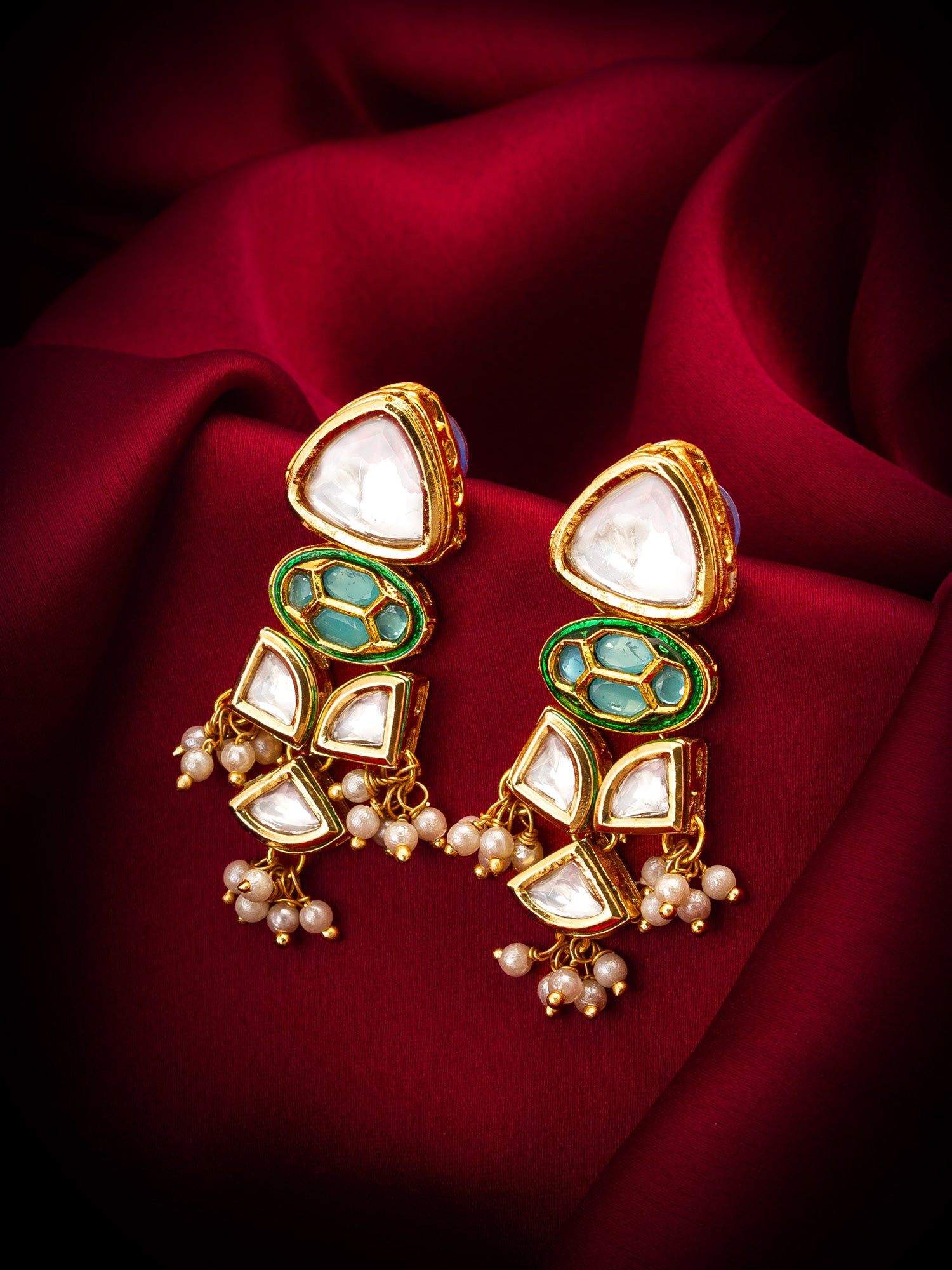 Aadita Sea Green Stone Kundan Earrings with Pearl Clusters