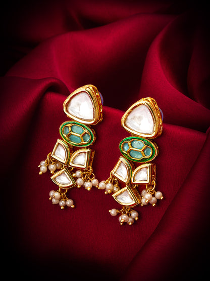 Aadita Sea Green Stone Kundan Earrings with Pearl Clusters