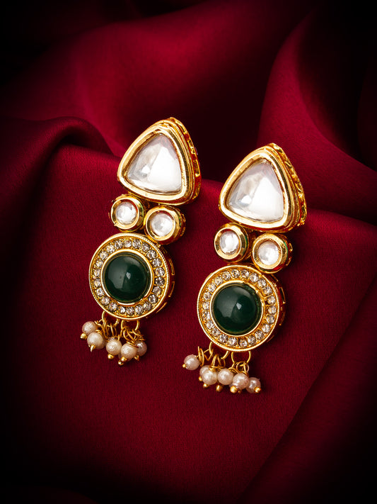 Aadita Green Stone and AD Studded Kundan Earrings