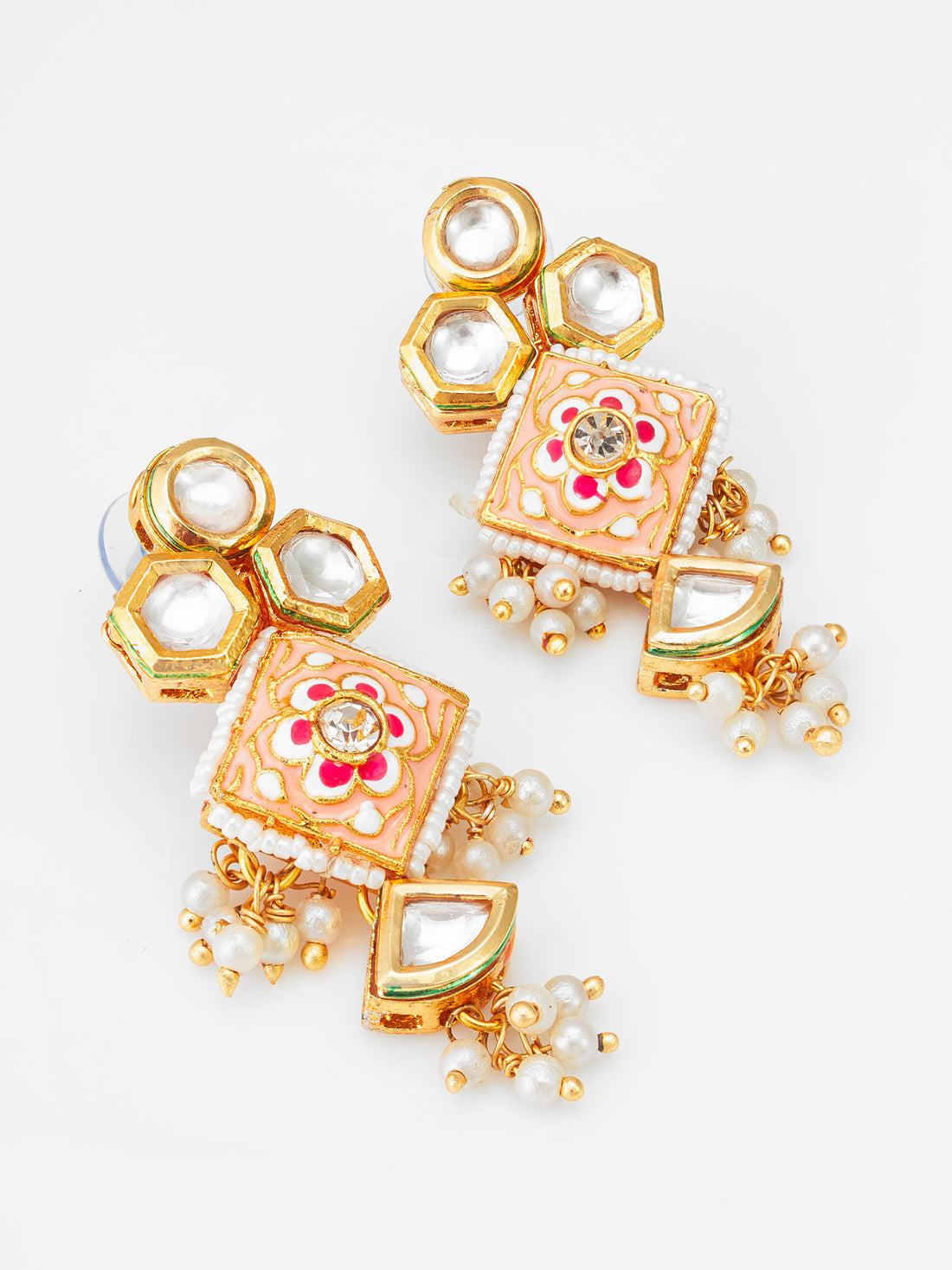 Aadita Pink Enamel Meenakari Kundan Earrings