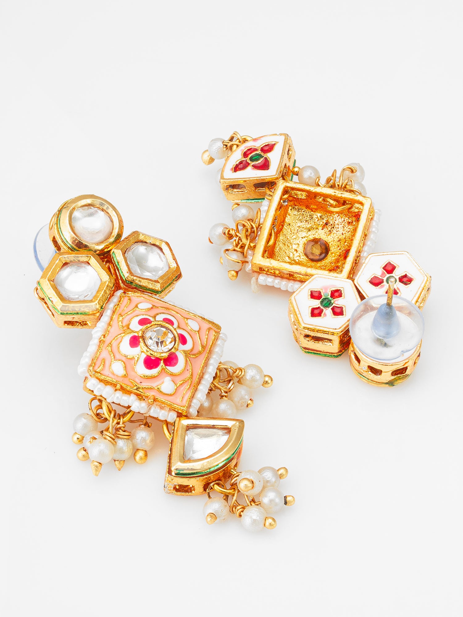 Aadita Pink Enamel Meenakari Kundan Earrings