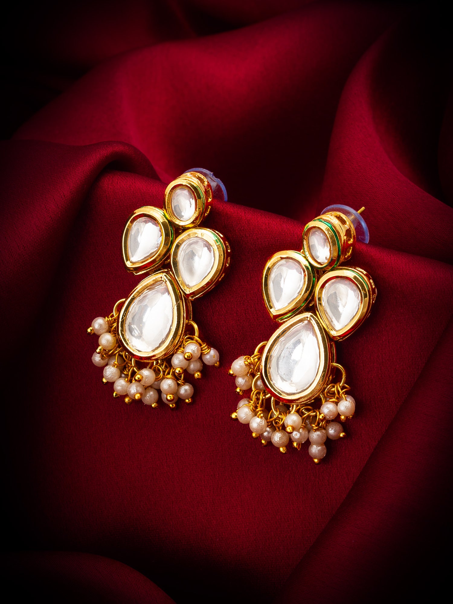 Aadita Gold Plated Kundan Drop Earrings with Pearl Clusters