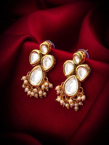 Aadita Gold Plated Kundan Drop Earrings with Pearl Clusters