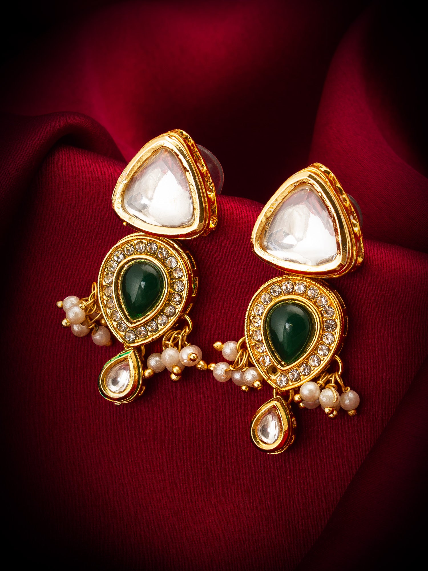 Aadita Gold Plated Green Stone Kundan and AD Studded Earrings