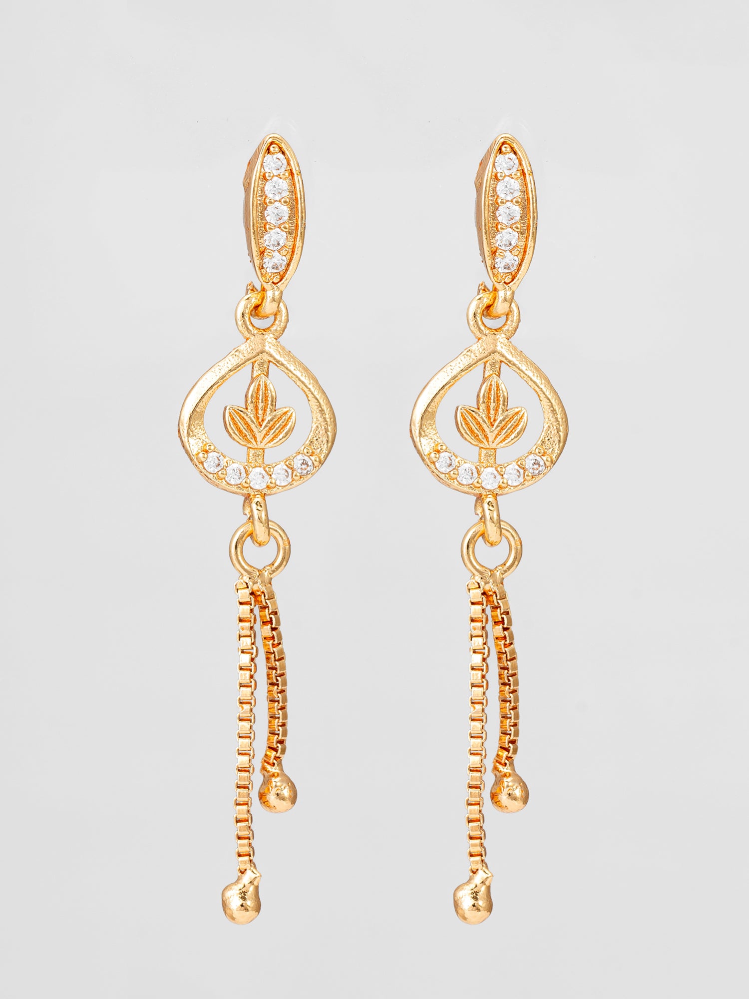 Aadita Gold Plated Leaf Motif Drop Earrings with Chain Tassels