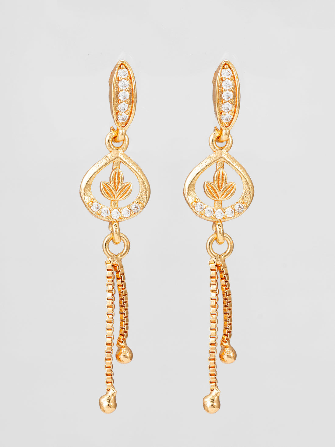 Aadita Gold Plated Leaf Motif Drop Earrings with Chain Tassels