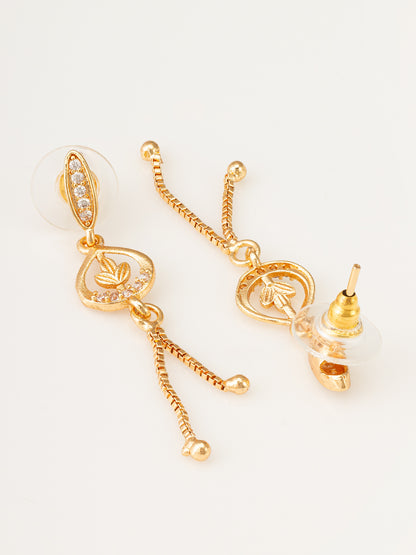 Aadita Gold Plated Leaf Motif Drop Earrings with Chain Tassels
